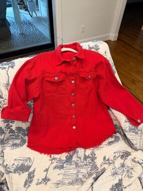 Red Denim Shirt Jean Jacket with Frayed Hem